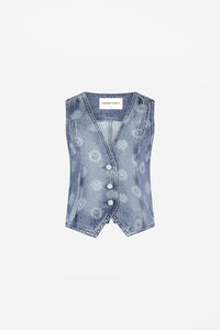 Gigi Denim Gilet | Mid Blue Printed